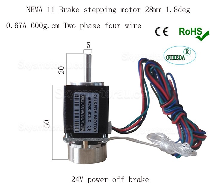 NEMA 11 Bipolar Stepper Motor OK28STH32-0674A-SC 5.88Ncm 0.67A 1.8deg 28×28×32.2mm 4 Wires with Brake
